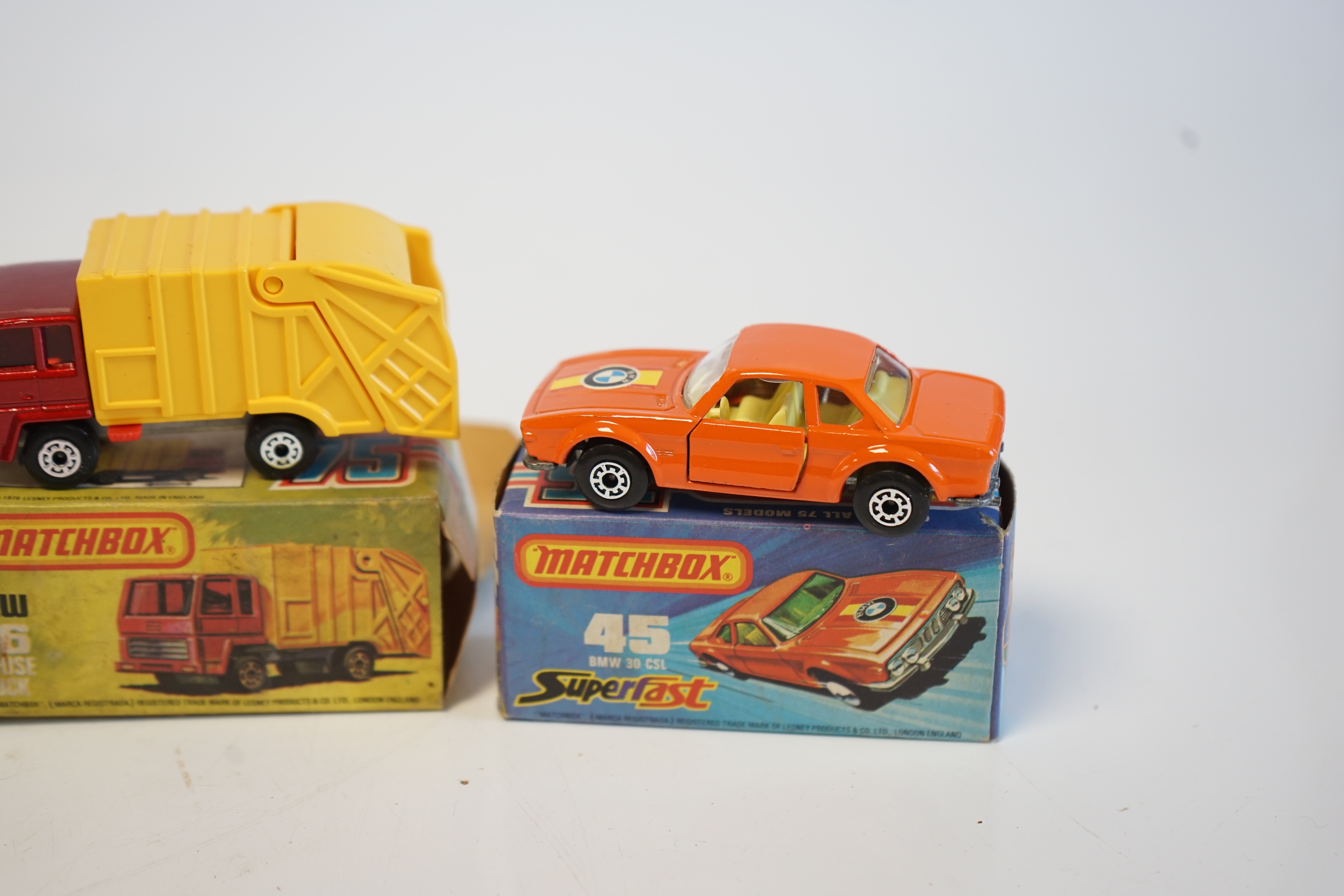 Seventeen boxed Matchbox Series 1-75 diecast vehicles including; 14; Petrol Tanker, 28; Formula Racing Car and another, 31; Caravan, 35; Zoo Truck, 36; Refuse Truck, 38; Camper, 45; BMW 30 CSL, 63; 4x4 Open Back Truck, 6